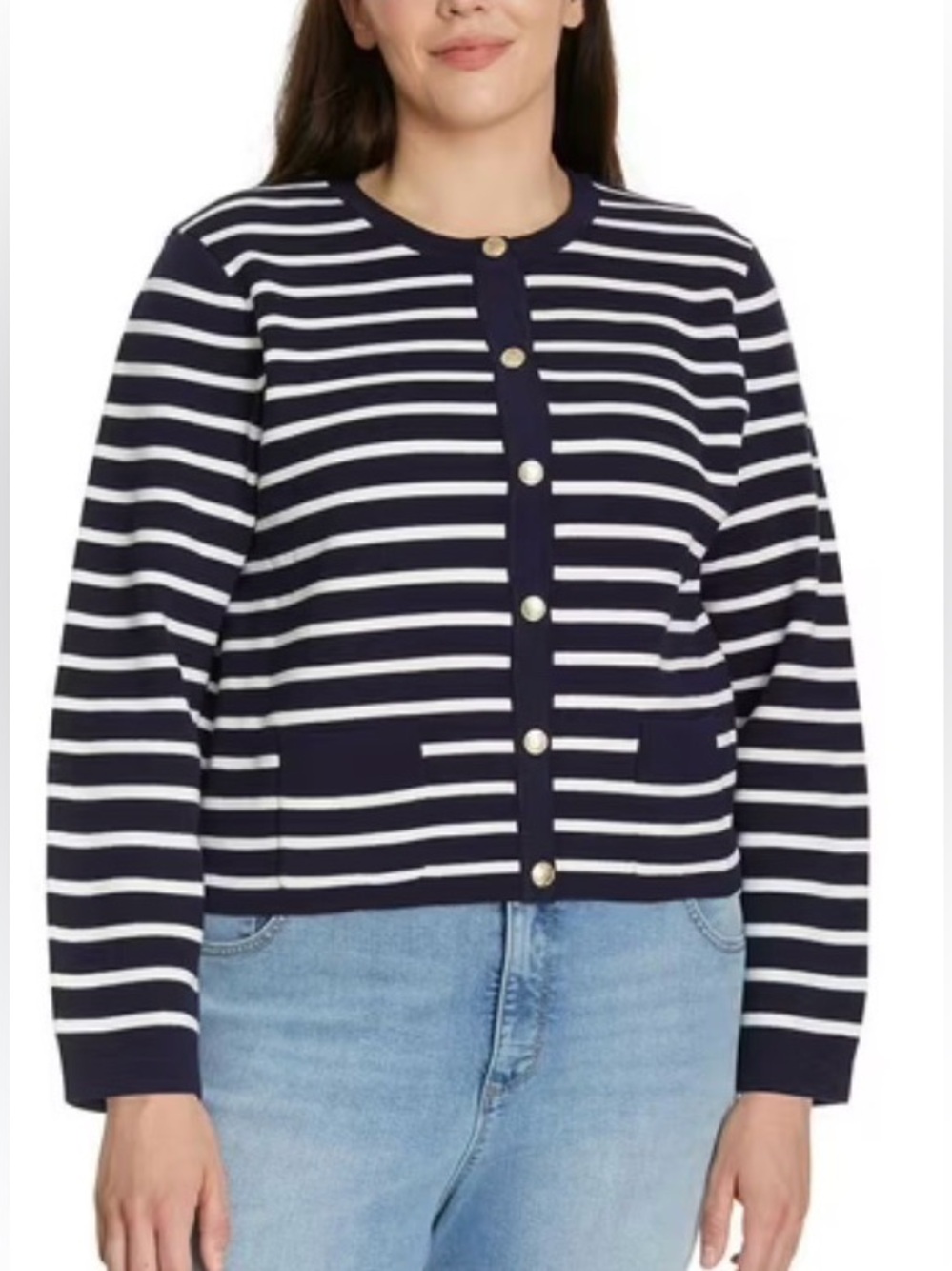 Nine West Women's striped cardigan, button-down, crew neckline, and pockets